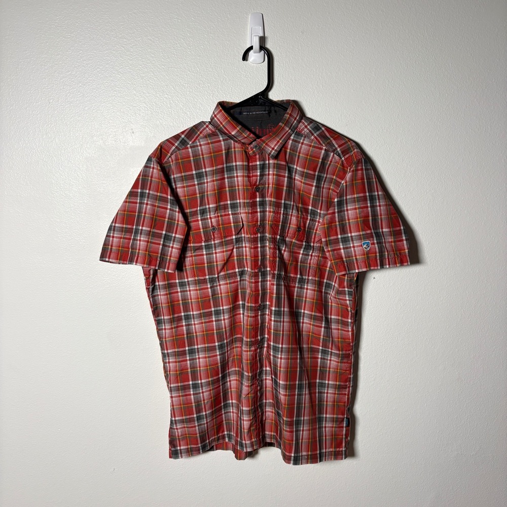 Kuhl Eluxur Mens Medium Red Plaid Short Sleeve Hiking Button Down Shirt Ionik